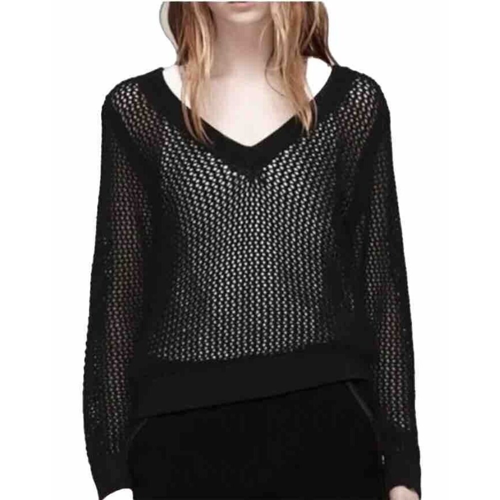 Rag & Bone Black Connie Cotton Crochet Open Knit Pullover V-Neckline Sweater XS
